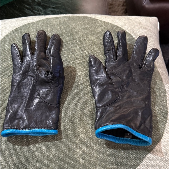 Ann Taylor Black Leather Gloves with Blue Trim - Picture 2 of 3